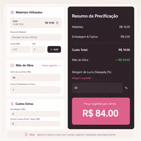 Tela da Calculadora de Preço, com campos de materiais, tempo e valor da hora, mostrando o preço sugerido de venda da touca