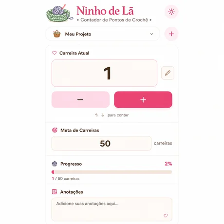 Tela do Contador de Pontos, mostrando a carreira atual, a meta de carreiras, a barra de progresso e o campo de anotações