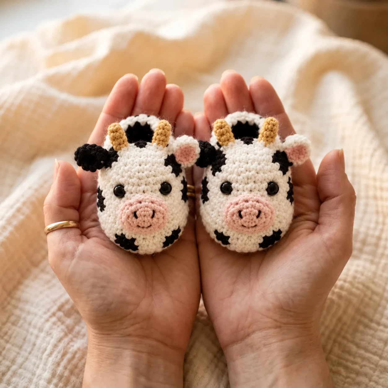 Mãos segurando um par de sapatinhos de bebê em crochê com carinha de vaquinha, chifrinhos dourados e focinho rosa